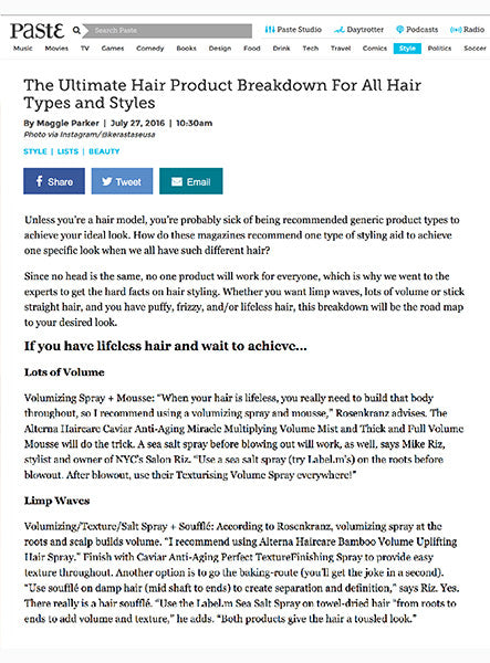 Paste Magazine Recommends label.m Sea Salt Spray To Give Hair Lots of Volume