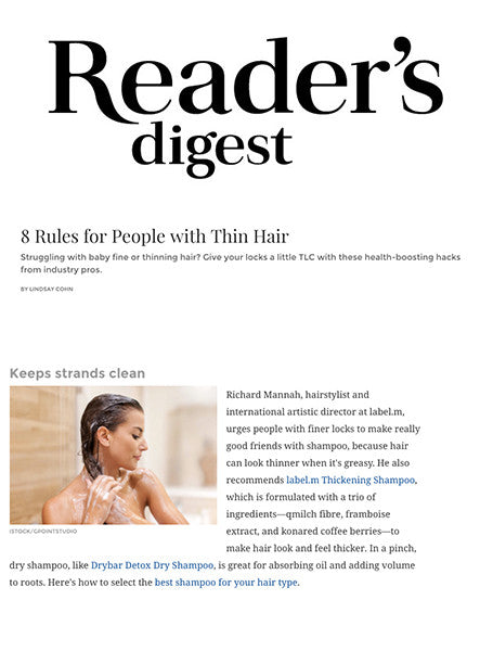 label.m Thickening Shampoo featured in Reader's Digest Online: 8 Rules for People with Thin Hair